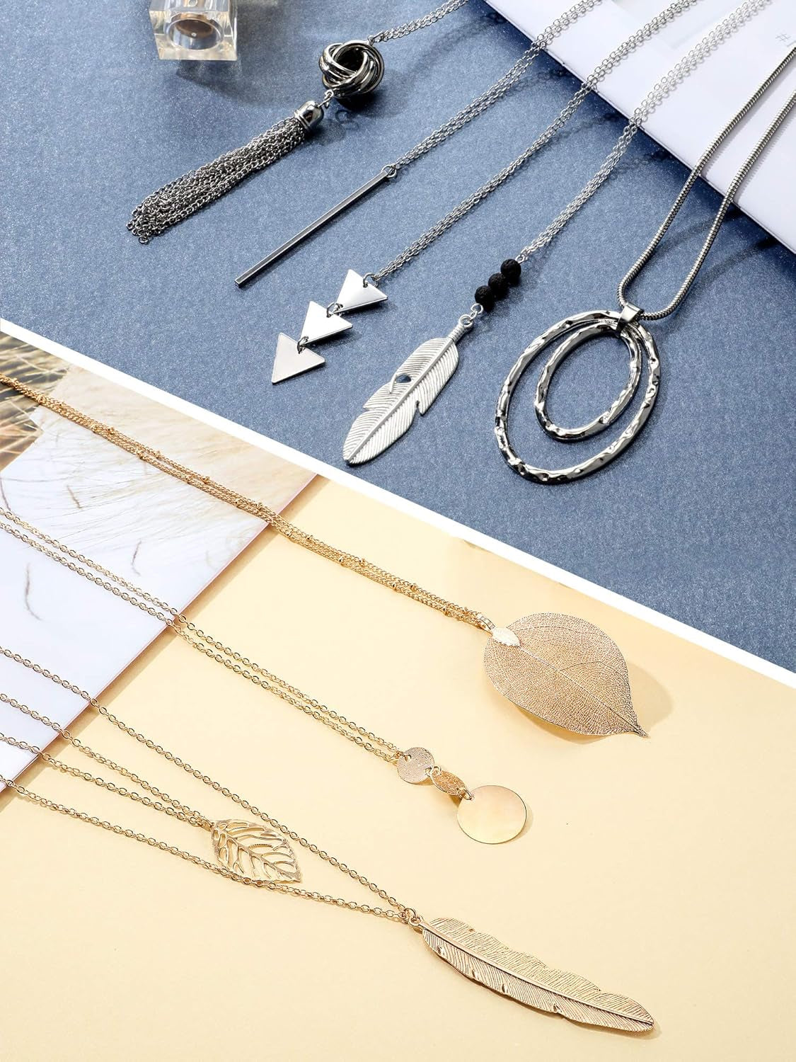 12-Piece Long Pendant Necklace Set for Women – Y Tassel, Leaf, Circle &amp; Bar Layered Necklaces