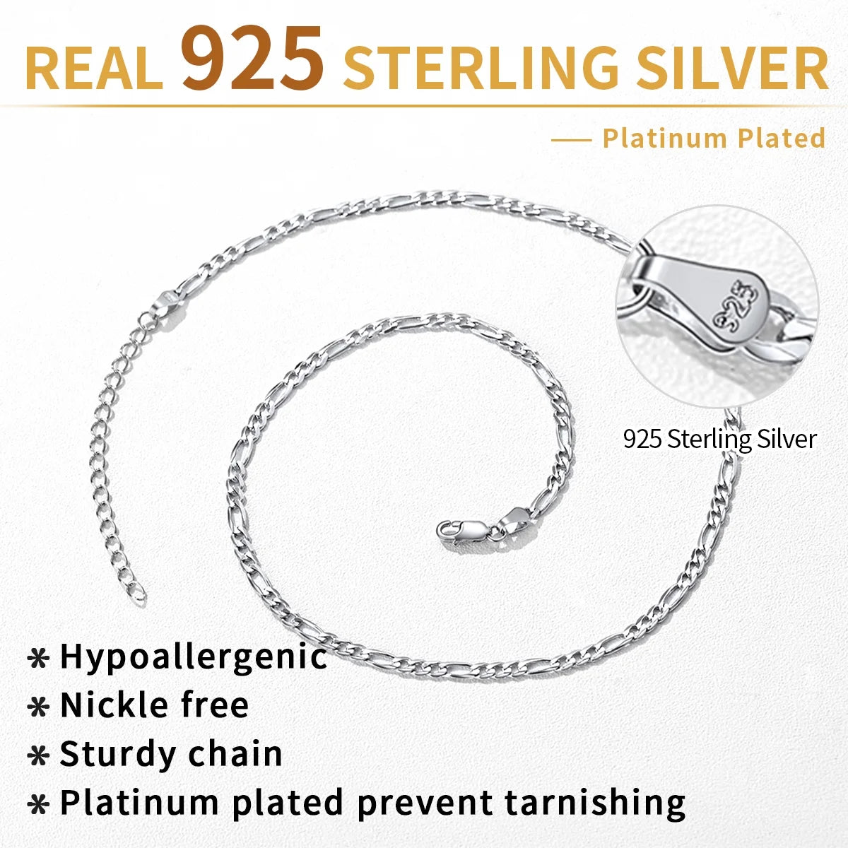 Italian S925 Sterling Silver 3mm Figaro Chain Necklace – Unisex Jewelry Gift for Men &amp; Women, Ideal for Birthdays, Anniversaries &amp; Special Occasions
