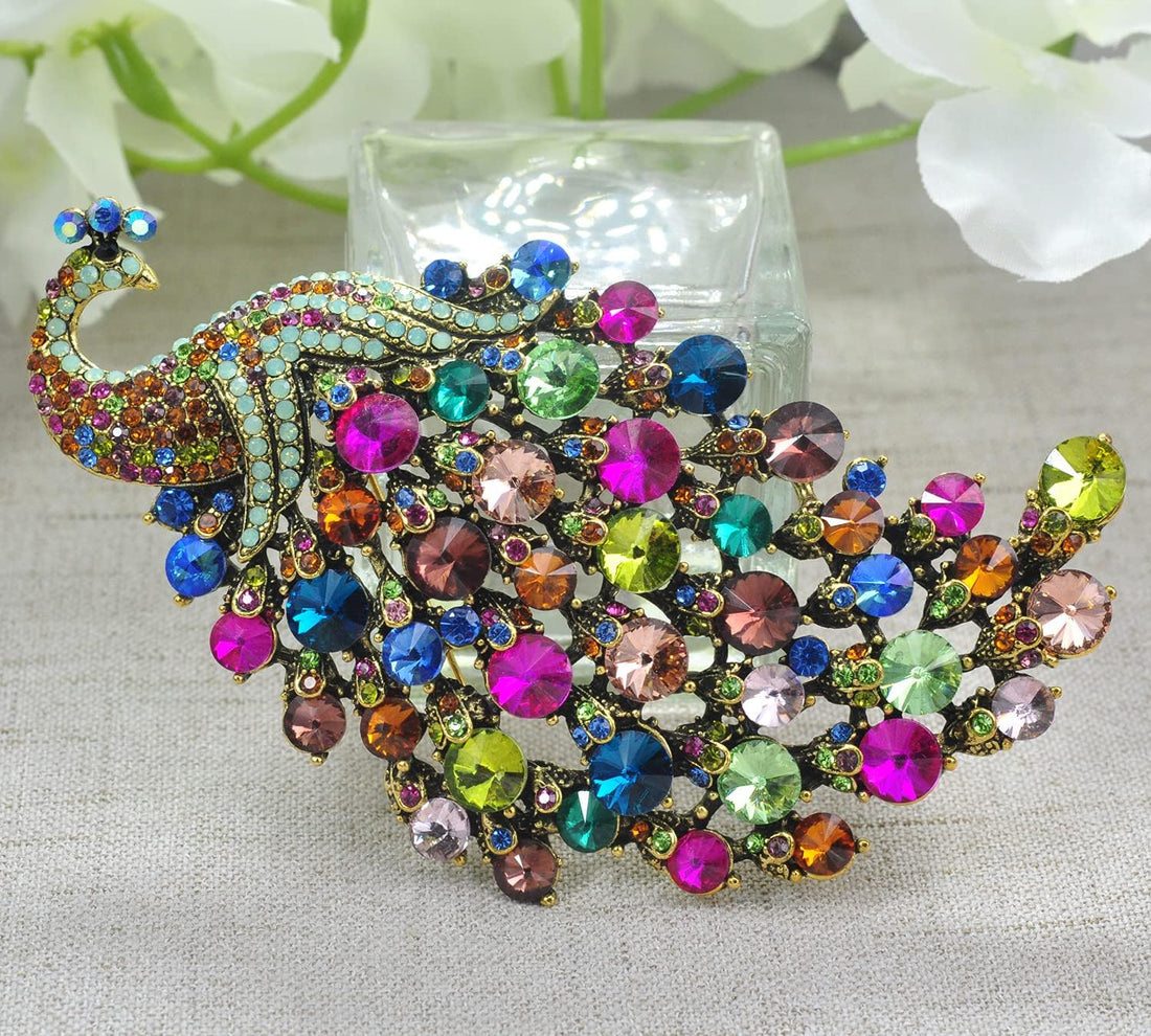 Vitage Style Crystal Large Peacock Feather Pin Brooch