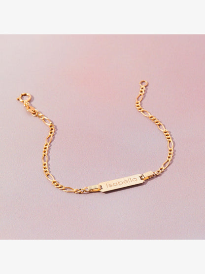 14K Yellow Gold Engravable Figaro Chain ID Bracelet for Baby Girls &amp; Boys – Safe for Sensitive Skin, 5.5&quot; Length, Gift Box Included