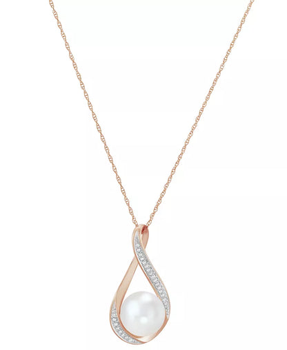 Cultured Freshwater Pearl (9mm) and Diamond Accent Pendant Necklace in 14K Gold – 18&quot;