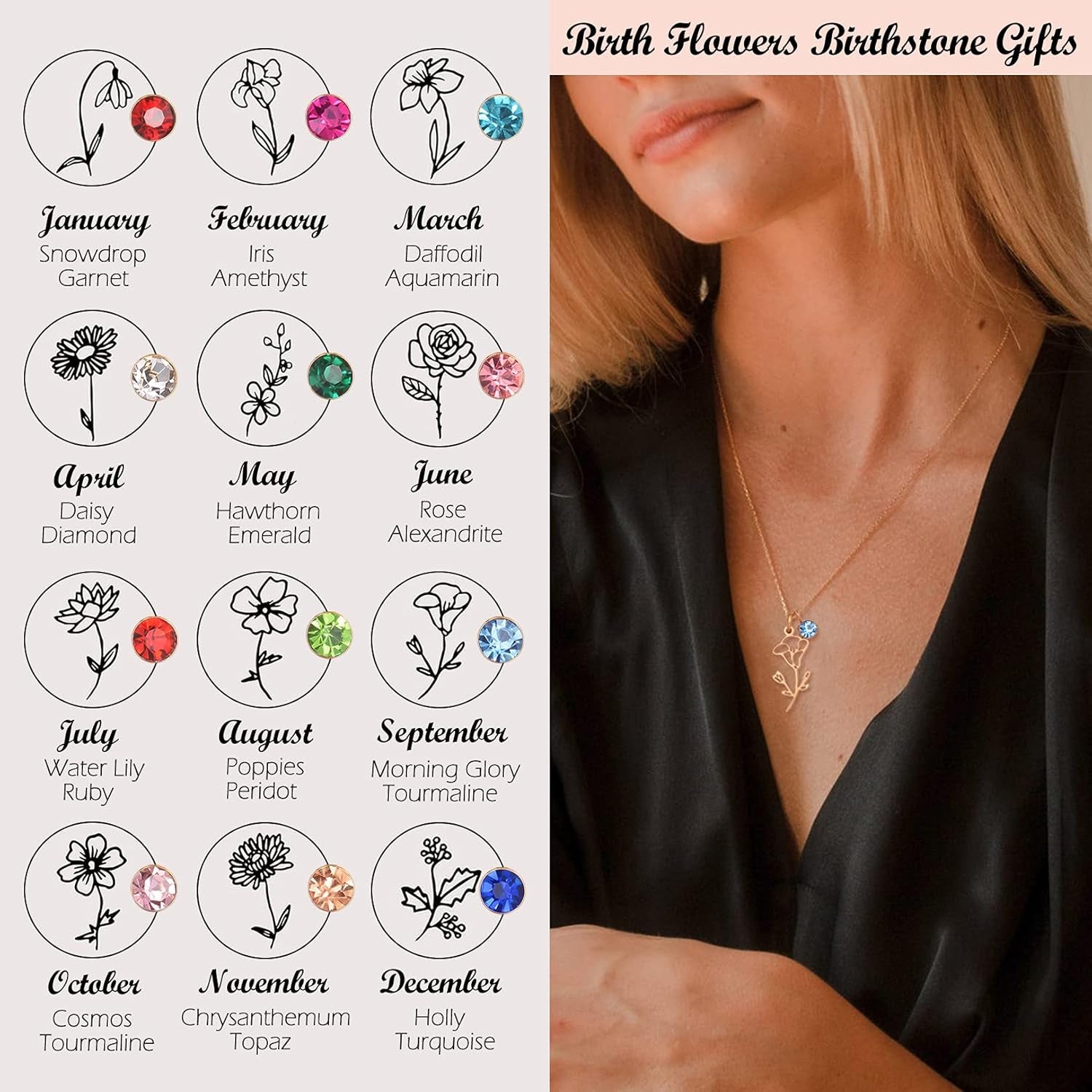 14K Gold Plated Birth Flower Necklace – Birth Month Floral Birthstone Pendant | Perfect Birthday Gift for Women, Moms &amp; Friends