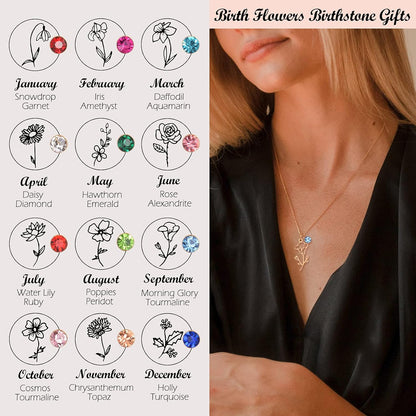 14K Gold Plated Birth Flower Necklace – Birth Month Floral Birthstone Pendant | Perfect Birthday Gift for Women, Moms &amp; Friends