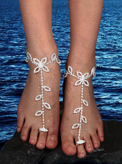 6 Pcs Women’s Barefoot Sandals Foot Jewelry Rhinestone Anklets Bohemian Foot Chain Set for Beach, Wedding &amp; Valentine’s Day