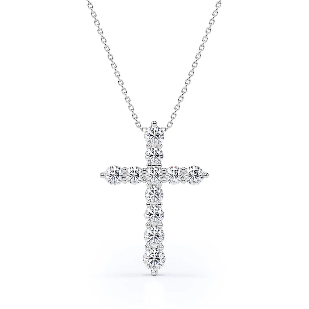 Shared-Prong 0.10 TCW Round Shape Diamond Pave Style Cross Pendant Necklace – 18K White Gold Plated over Sterling Silver