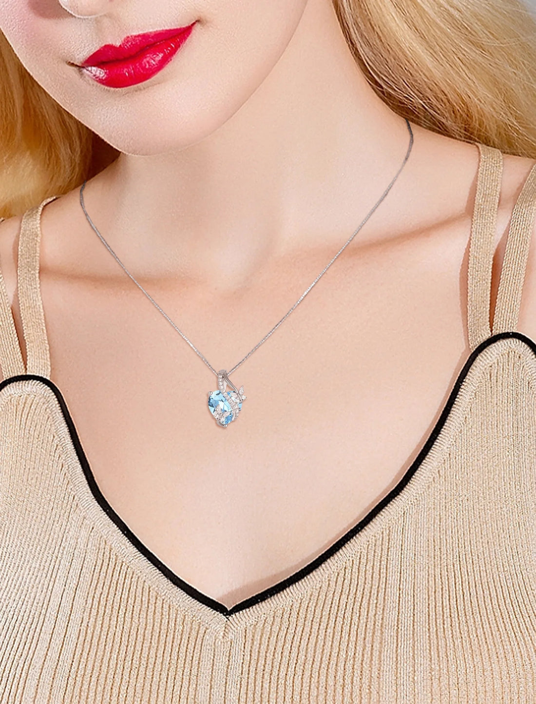 Infinite Heart Pendant Sterling Silver Butterfly Necklace – Women’s Birthstone Jewelry Gift with March Created Aquamarine