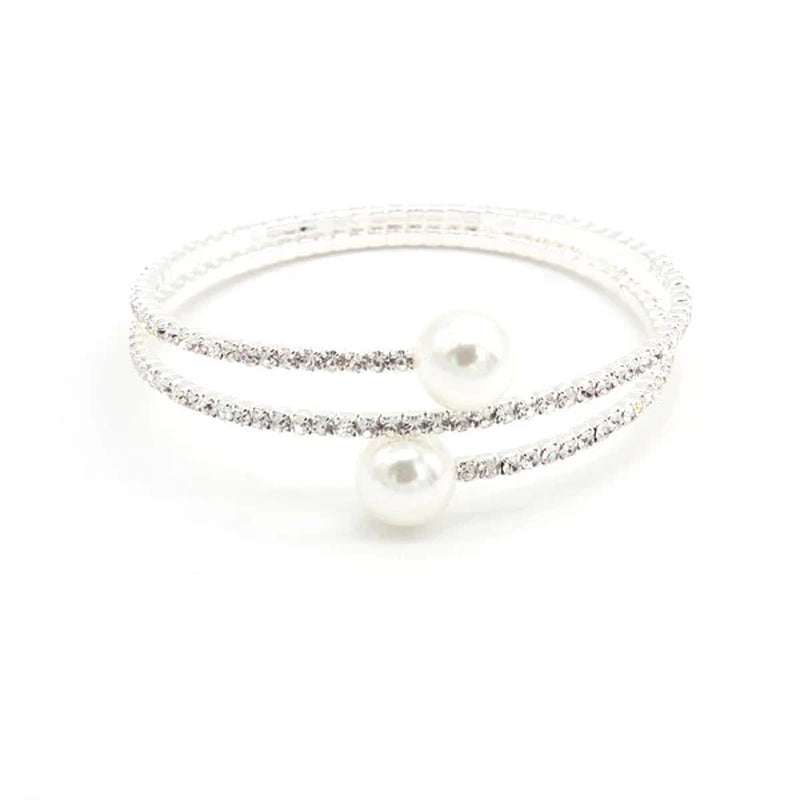 Elegant Spiral Rhinestone Bracelet with Pearls – Adjustable Crystal Cuff Bangle for Women