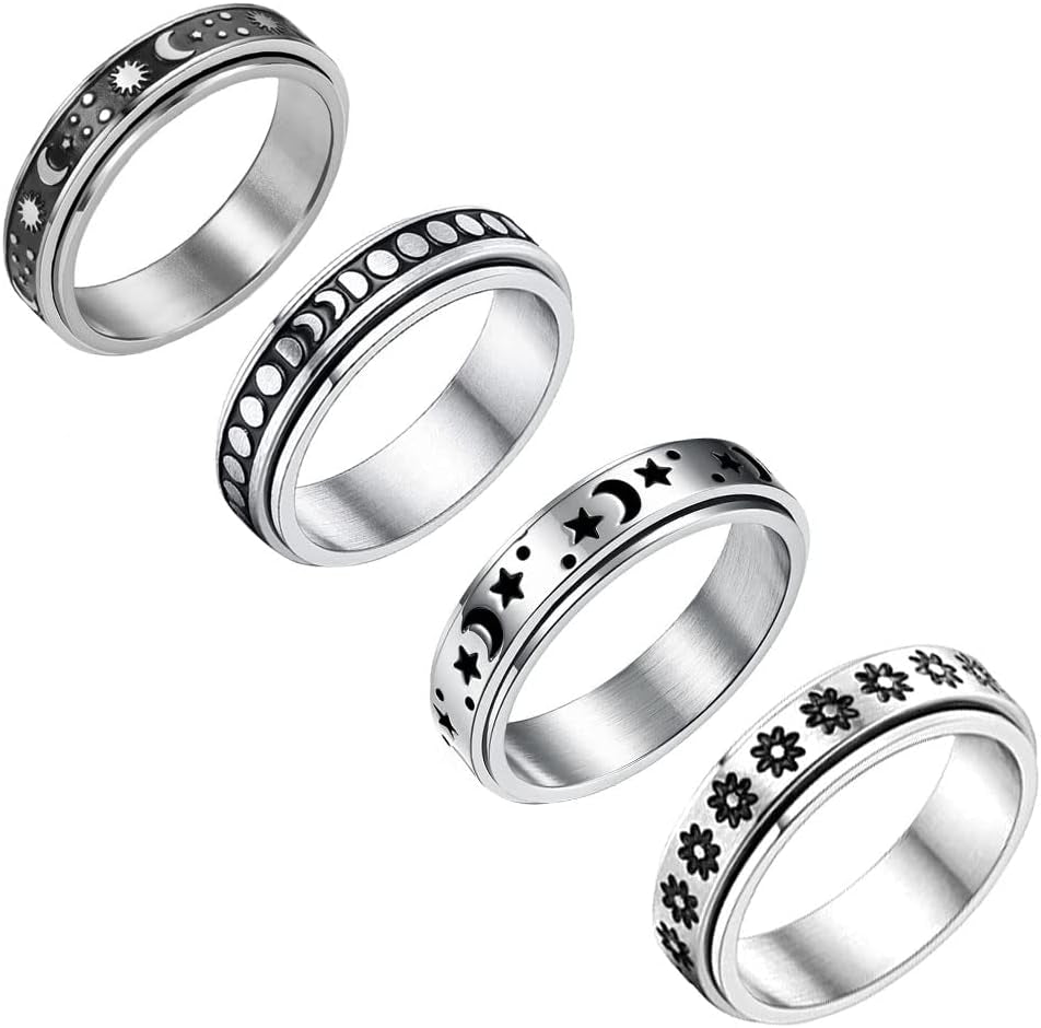 4PCS Stainless Steel Band Rings for Men – Black Spinner &amp; Plain Wedding Ring Set