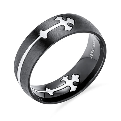 Men’s Religious Maltese Fleur De Lis Cross Wedding Band Ring – Black Stainless Steel | Christian Faith Jewelry