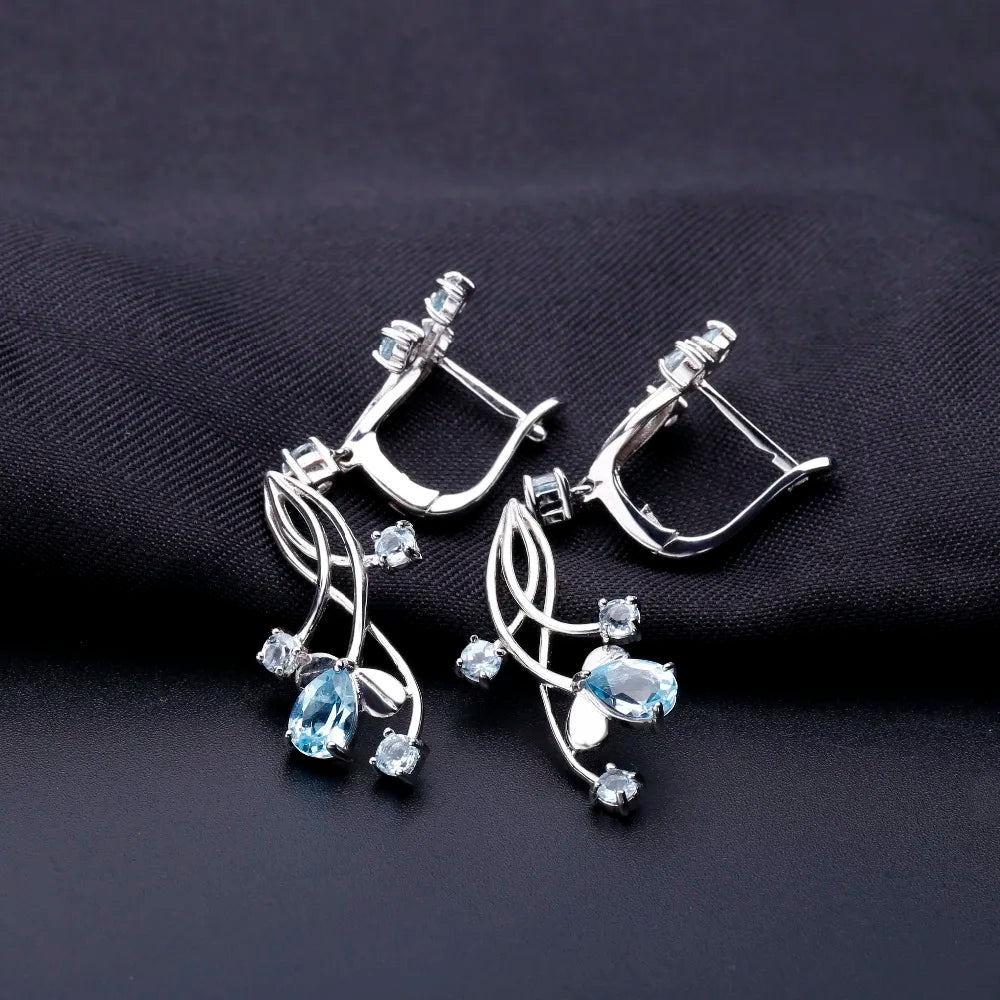 Flower Design 3.89T Natural Sky Blue Topaz Gemstone Drop Earrings – 925 Sterling Silver Bridal Wedding Jewelry