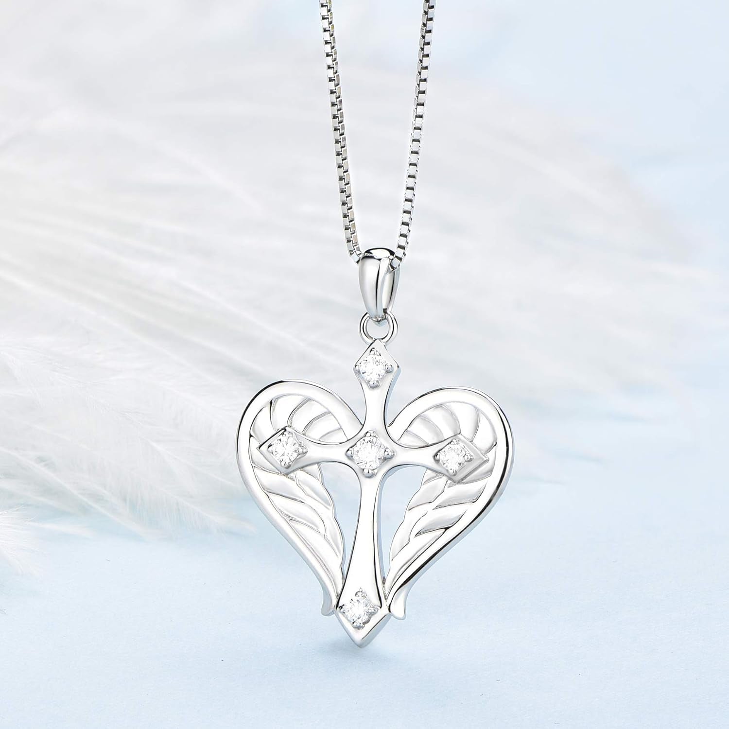 925 Sterling Silver Cross Necklace – Heart &amp; Angel Wings Pendant for Women