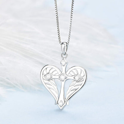 925 Sterling Silver Cross Necklace – Heart &amp; Angel Wings Pendant for Women