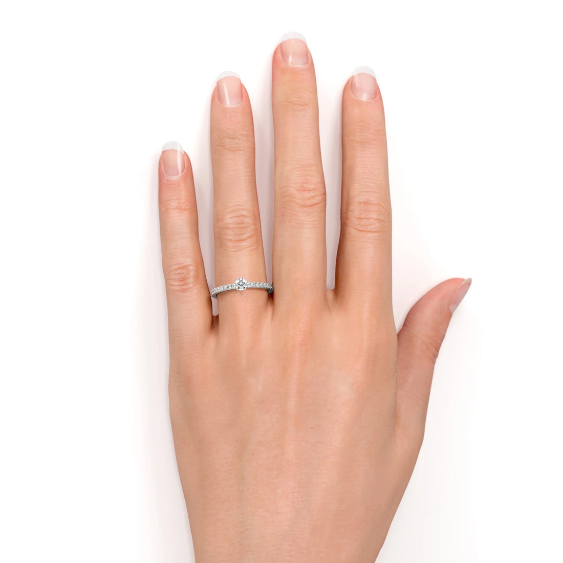 Simple 1 Ct Natural Circle Moissanite Ring – Dainty Micro Pave Thin Band Engagement Ring in 18K White Gold over Silver
