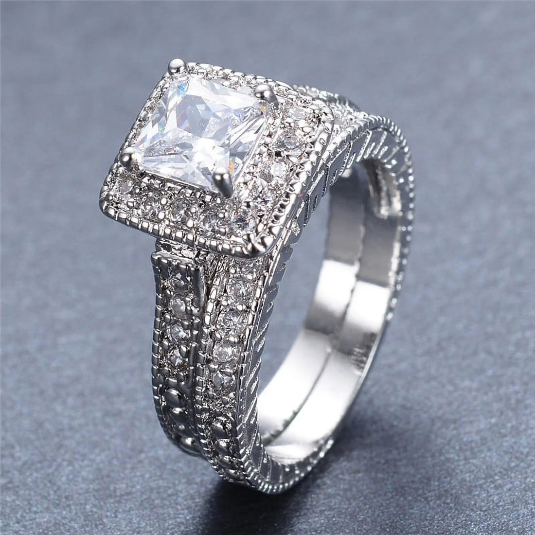 1 Carat Princess Cut Moissanite Wedding Set – Bridal Engagement Ring, Vintage Milgrain &amp; Halo Design in 18K White Gold over Silver