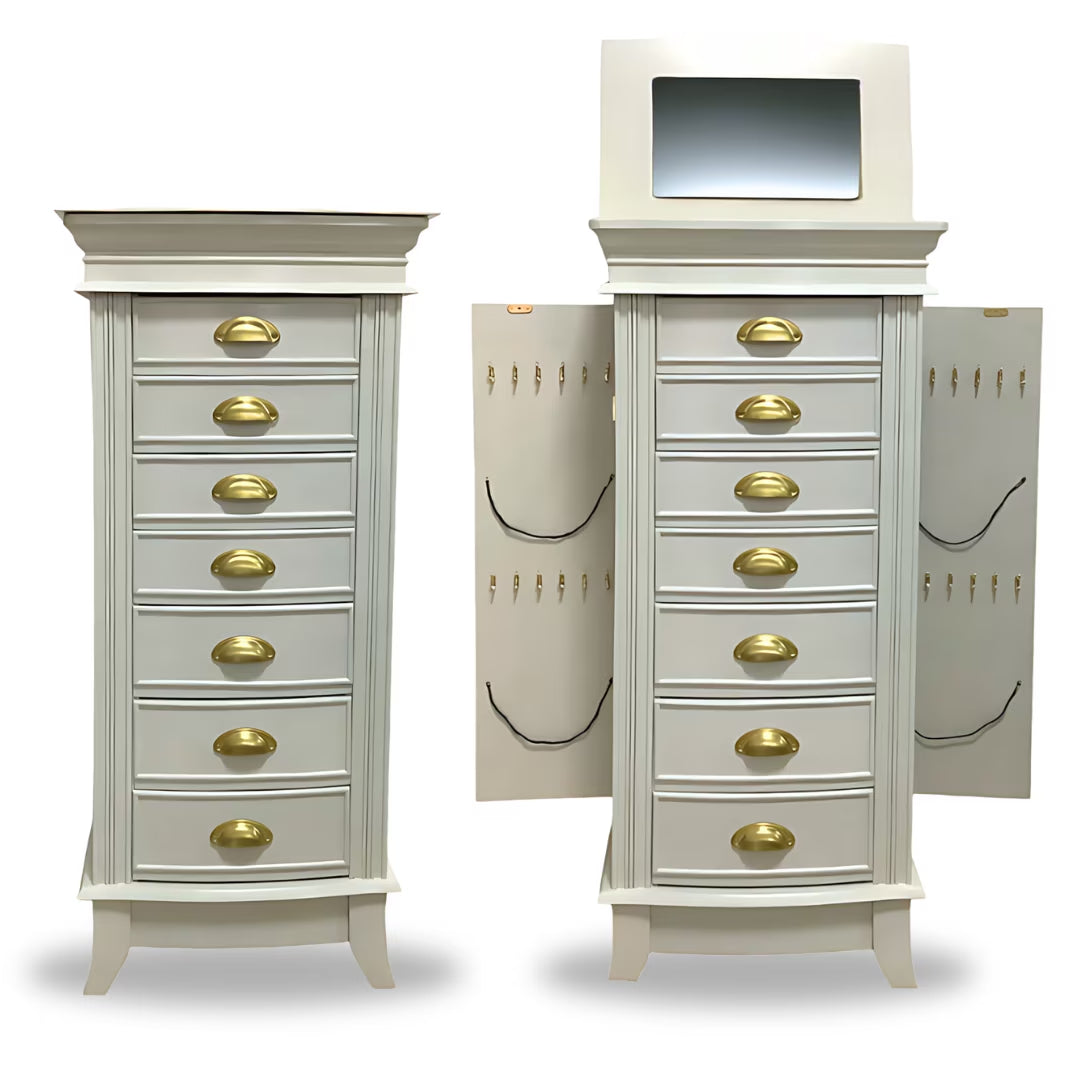 Hillary Jewelry Armoire – Elegant Standing Storage with Mirror, Drawers &amp; Necklace Hooks