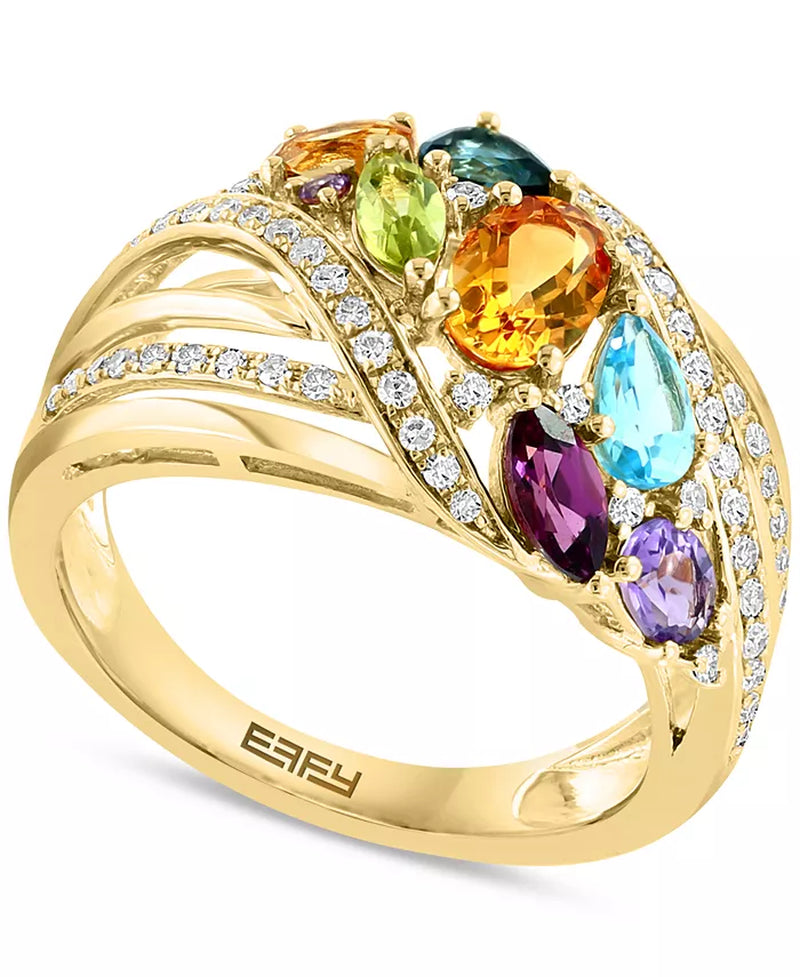 💍 EFFY® Multi-Gemstone &amp; Diamond Cluster Statement Ring in 14K Gold Elegant Fine Jewelry for Women | Total Gem Weight: 1-3/4 Ct. T.W. Gemstones &amp; 1/4 Ct. T.W. Diamonds