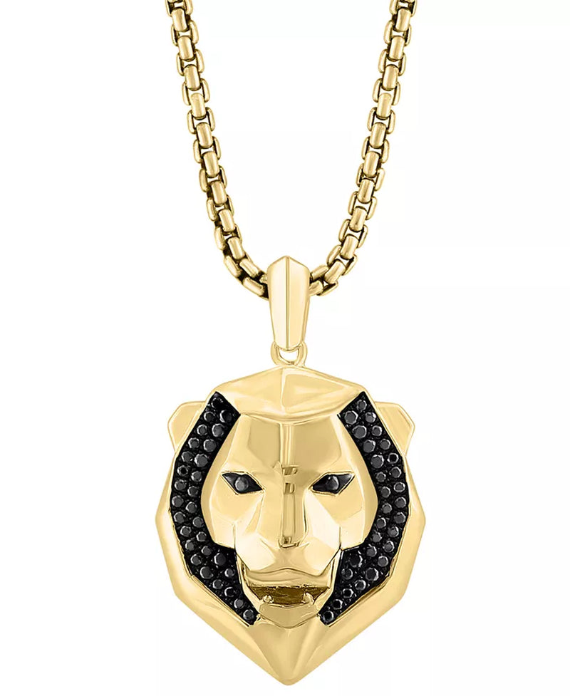 EFFY® Men’s Black Spinel Lion Head Pendant Necklace – 14K Gold-Plated Sterling Silver, 22” Chain
