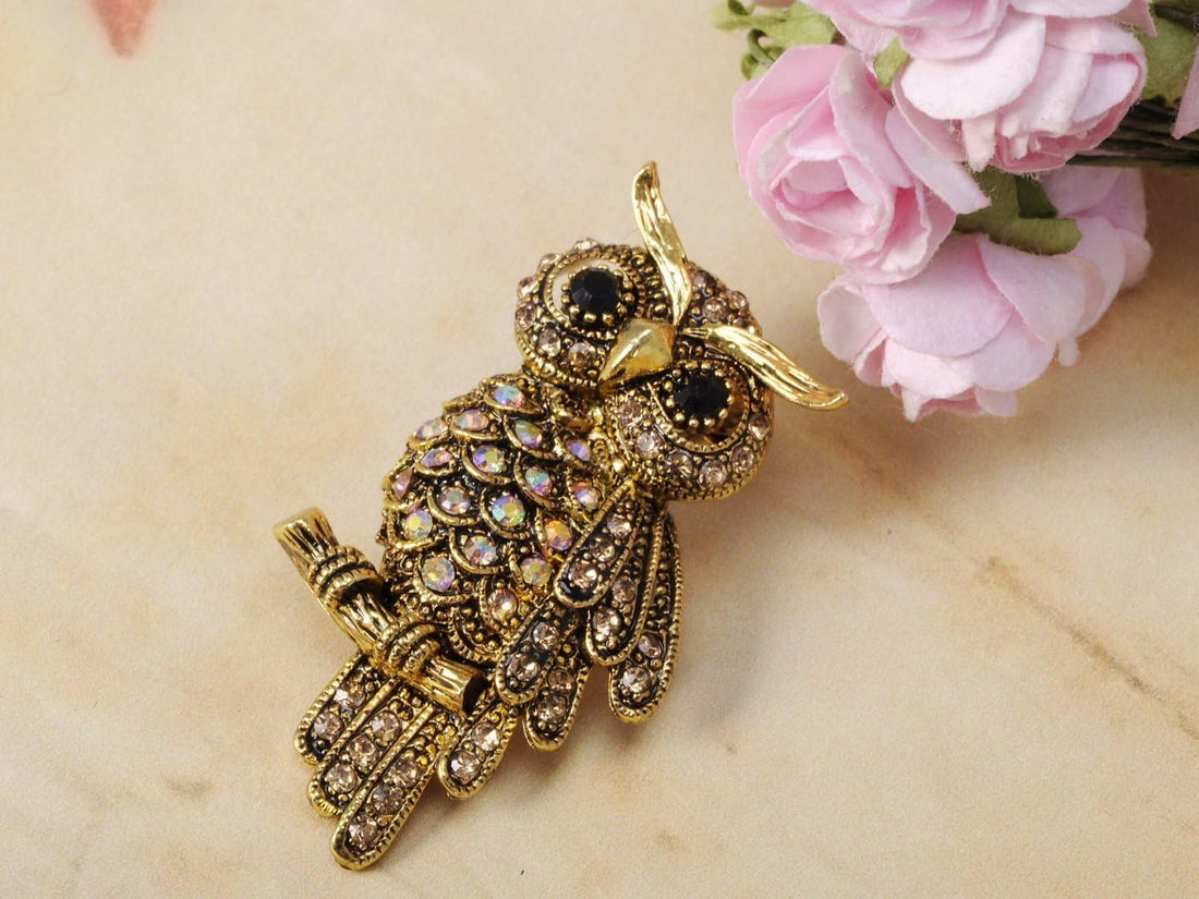 Antique Multicolored Crystal Rhinestone Owl Brooch