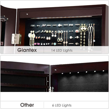 Lockable Jewelry Cabinet Armoire with Full-Length Mirror, LED Lights &amp; Storage Drawers – Floor Standing Organizer (Brown)