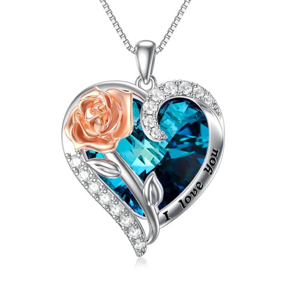 Graduation Gift for Women – Sterling Silver Rose Flower Heart Necklace with September Sapphire Birthstone Crystal