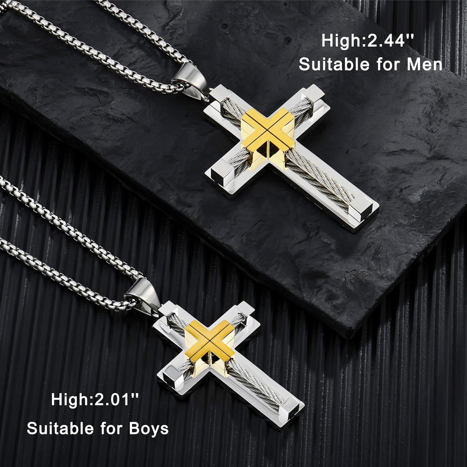 Men’s 316L Stainless Steel Cross Necklace – Jesus Christ Pendant with Rolo Chain, 20–28 Inch