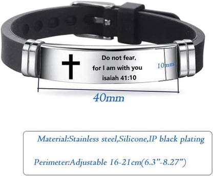 Religious Cross Silicone Sport Bracelet for Men &amp; Women – Adjustable Stainless Steel Christian Bible Wristband Bangle