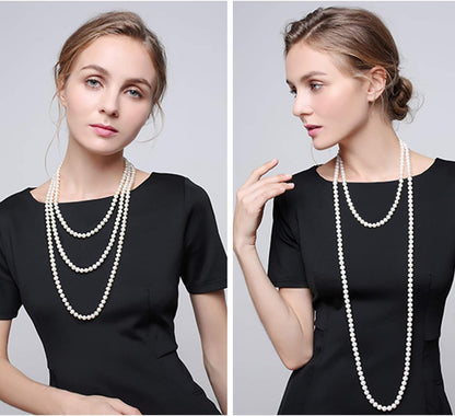 Long Cream White Faux Pearl Necklace – Layered Strand Costume Jewelry for Women