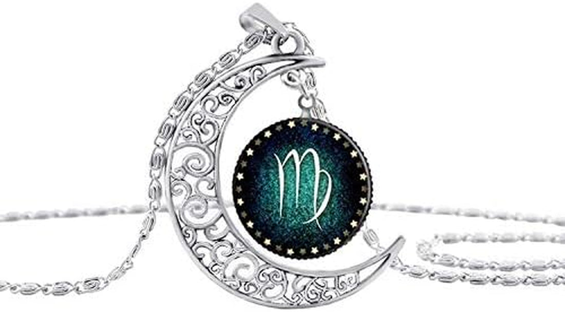 Zodiac Constellation Crescent Necklace – Luminous Gemstone Pendant on Long Sweater Chain