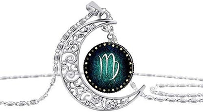 Zodiac Constellation Crescent Necklace – Luminous Gemstone Pendant on Long Sweater Chain