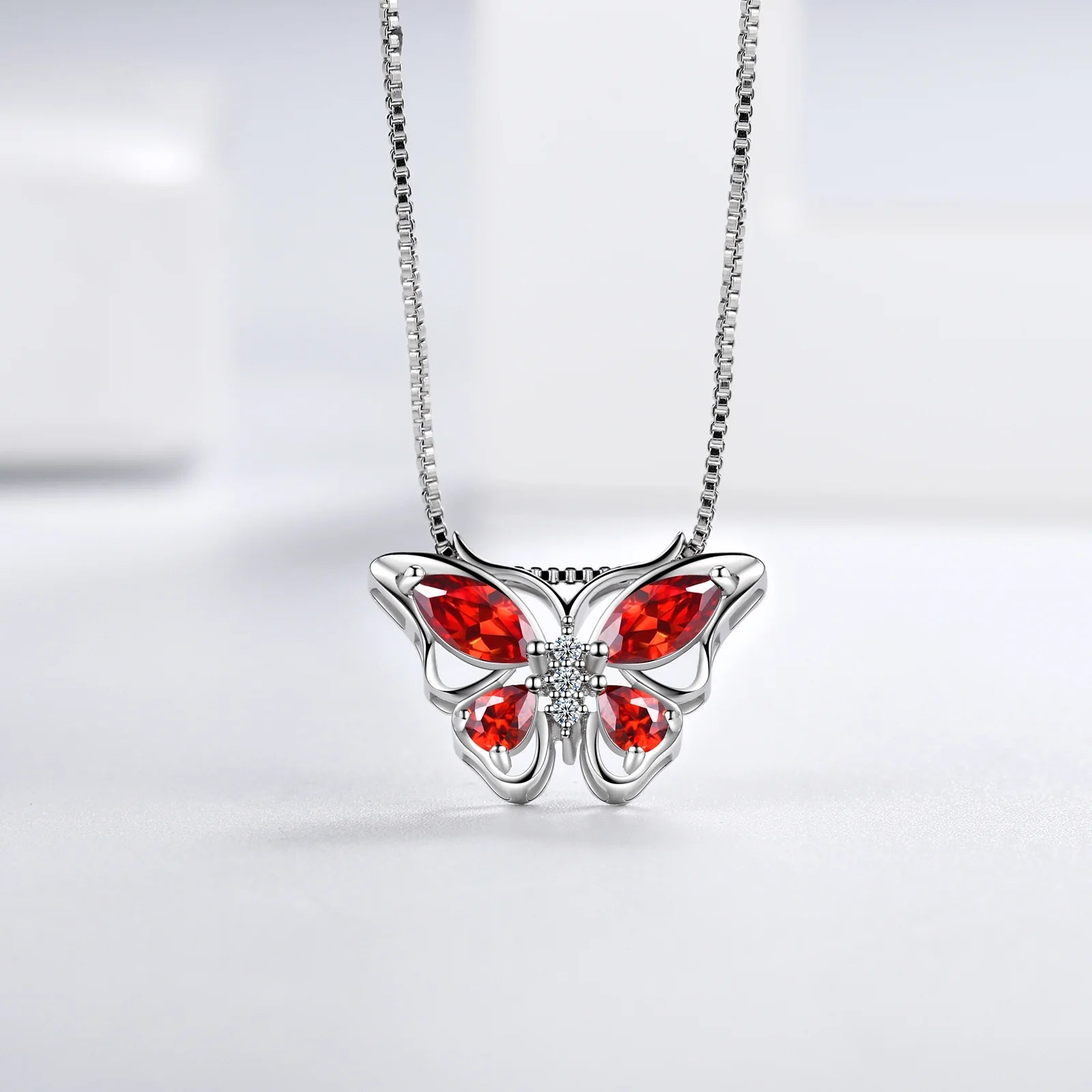 January Birthstone Jewelry Set – Red Butterfly Garnet Necklace, Earrings, Ring &amp; Bracelet in Sterling Silver for Women