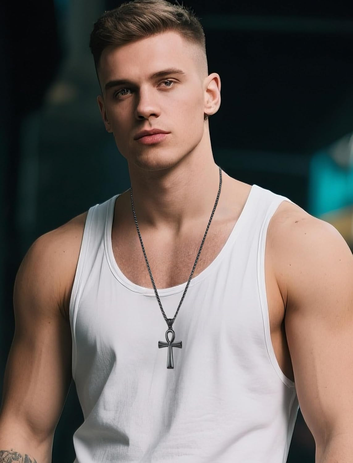 Men’s Cross Necklace – 316L Stainless Steel Jesus Ankh Pendant with Rolo Chain