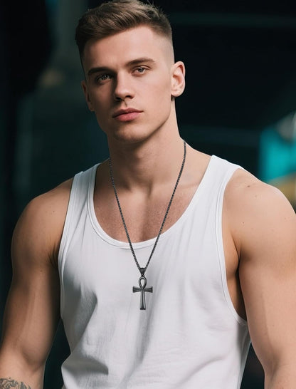 Men’s Cross Necklace – 316L Stainless Steel Jesus Ankh Pendant with Rolo Chain