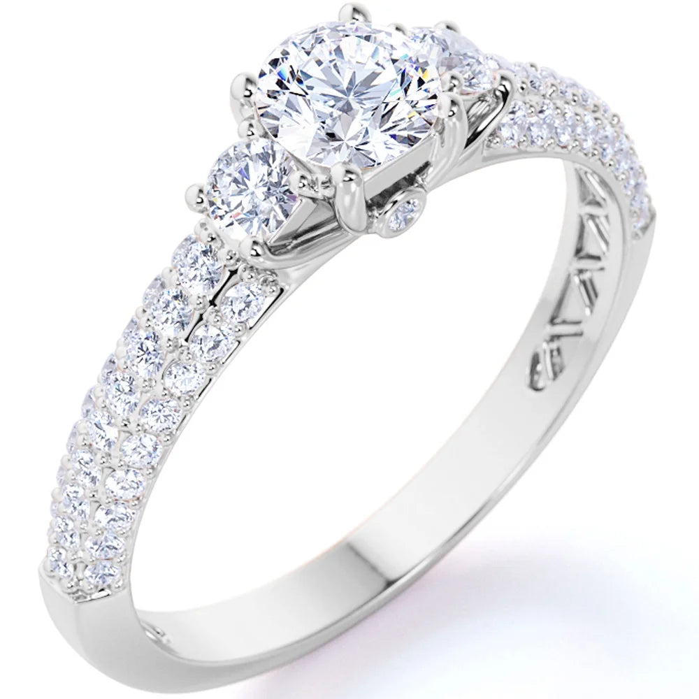 1.75 Carat Round Cut Moissanite Engagement Bridal Set – 3-Stone Trilogy Promise Ring in 18K White Gold over Silver