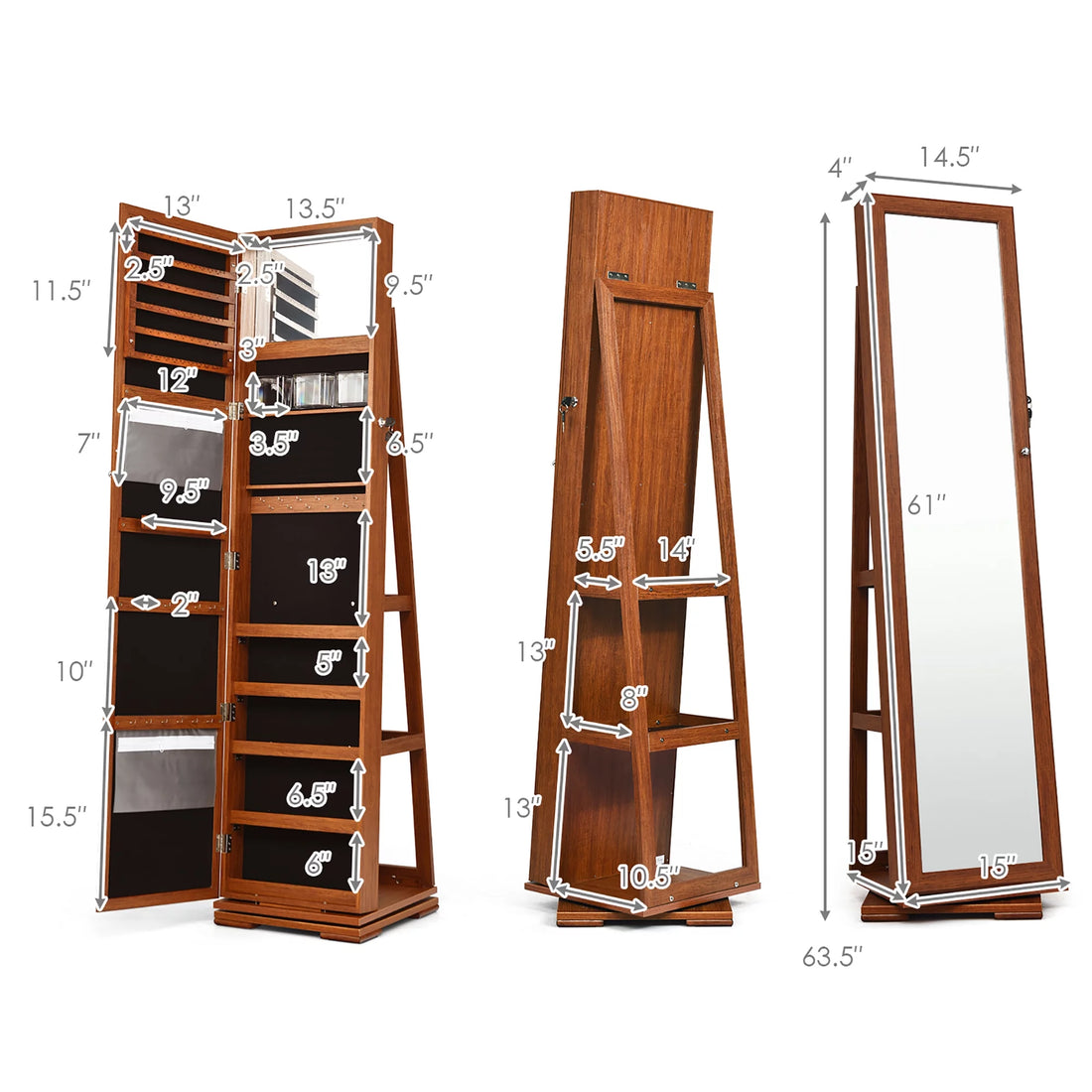 360Degree Rotatable Jewelry Cabinet 2-In-1 Lockable Mirrored Organizer Brown