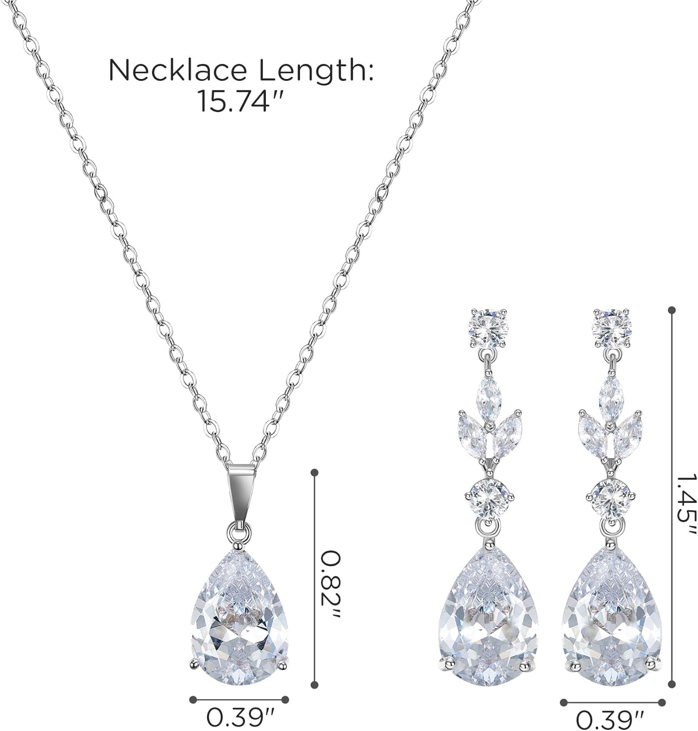 Teardrop Crystal Wedding Jewelry Set – Silver Bridal Necklace and Drop Earrings for Women, Brides, Bridesmaids, Prom &amp; Special Occasions