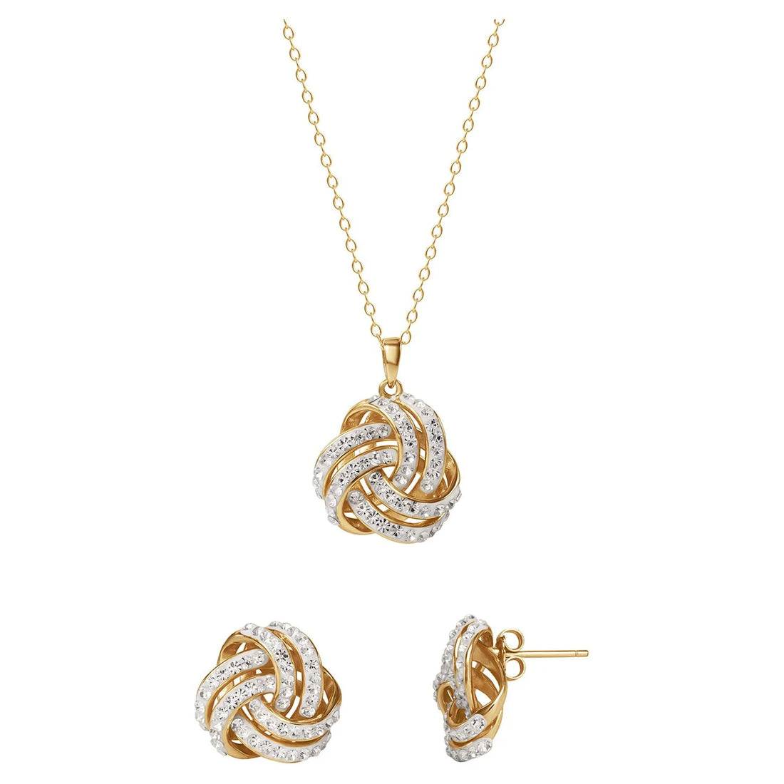 Fine Women’s Love Knot 18K Gold Crystal Pendant &amp; Earring Set – Elegant Jewelry Gift