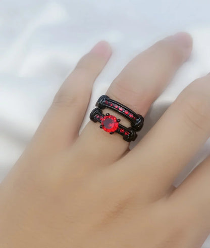 Matching Couple Rings Black Gold Plated 1CT Red CZ Wedding Ring Set – Titanium Men’s Band &amp; Women’s Ring