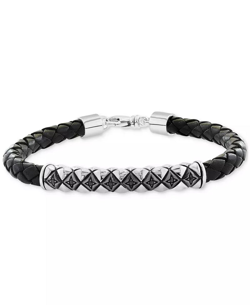 EFFY® Men’s Black Spinel Woven Black Leather Bracelet (1/6 Ct. T.W.) in Sterling Silver