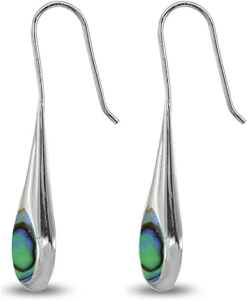 Sterling Silver Long Pear Shape Drop Earrings – Abalone, Simulated Turquoise, or Mother of Pearl