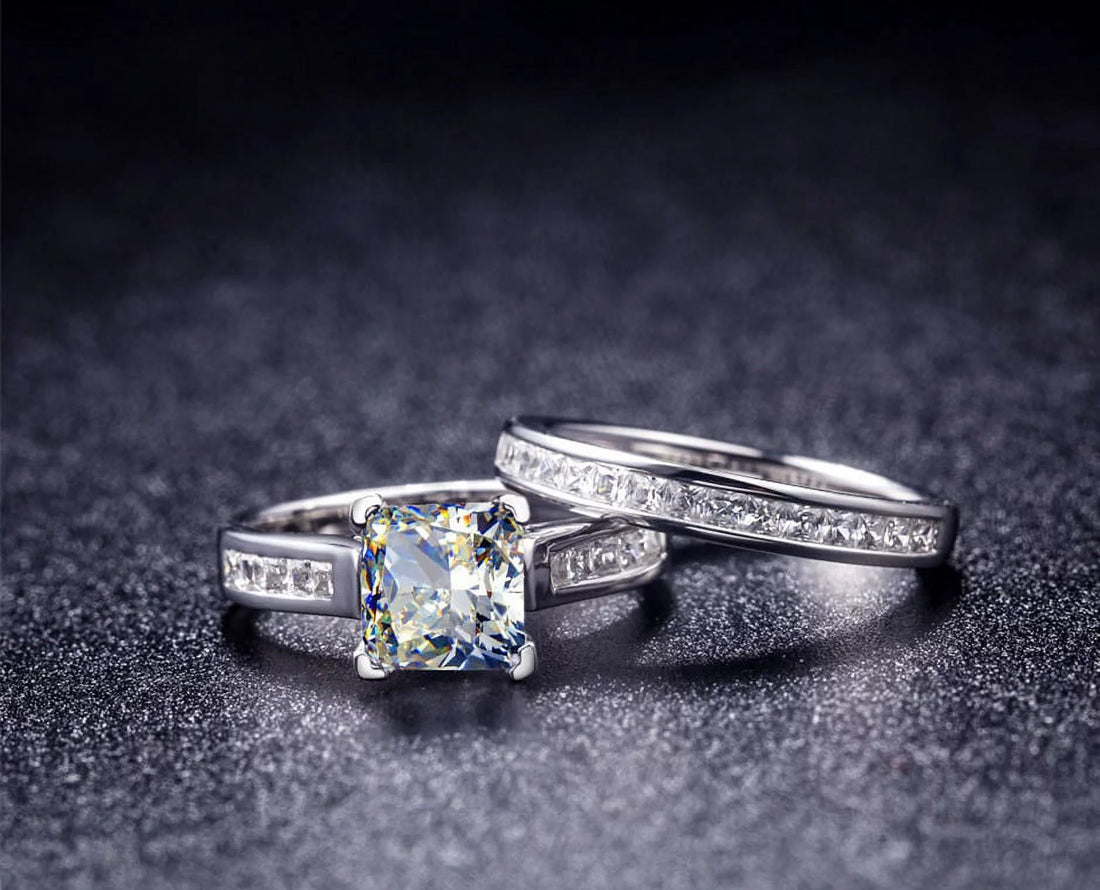 2 Carat Princess Cut Moissanite Wedding Set – Bridal Engagement Ring, Channel &amp; Cluster Design in 18K White Gold over Silver