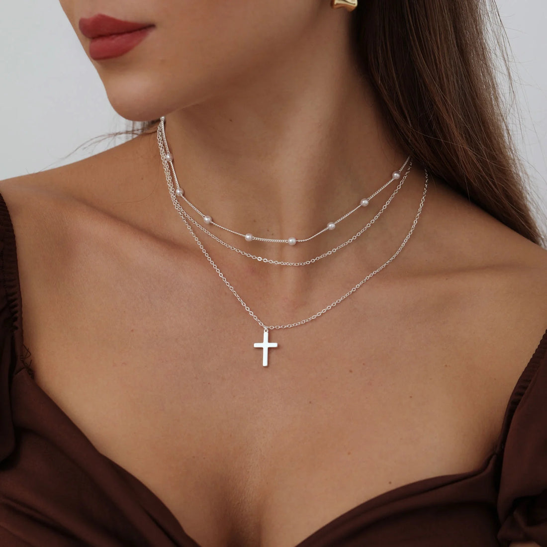 Layered Cross Necklace for Women – Dainty Pearl Cross Pendant, Fashionable Layered Jewelry for Weddings &amp; Graduations