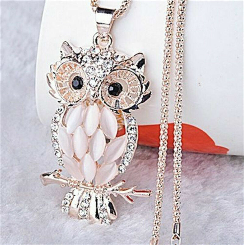 Fashion Sweater Chain Owl Necklace with Opal Stone Pendant – Trendy Sweater Chain Jewelry