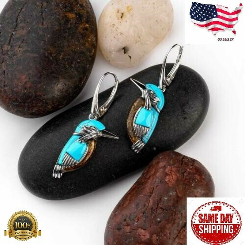 Bird Hoop Dangle Earrings – Turquoise Lab-Created Silver Plated Jewelry for Women
