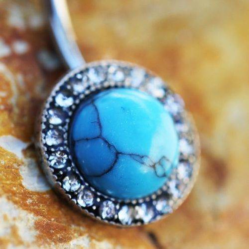 Antique Jeweled Turquoise Navel Ring – Vintage-Inspired Belly Button Ring with Gem Accents