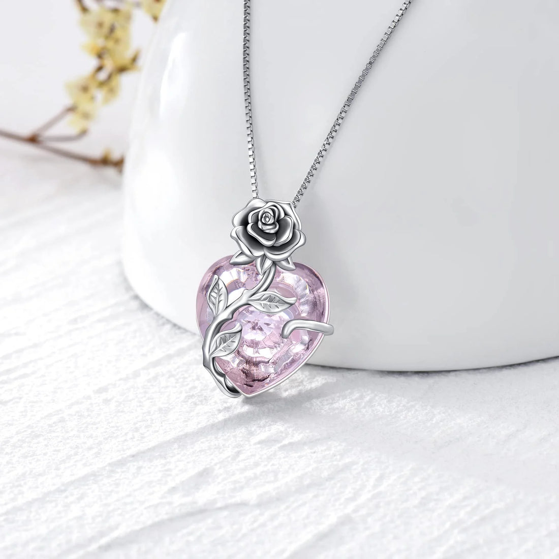 S925 Sterling Silver October Birthstone Necklace – Pink Tourmaline Blooming Rose Heart Pendant Gift for Women