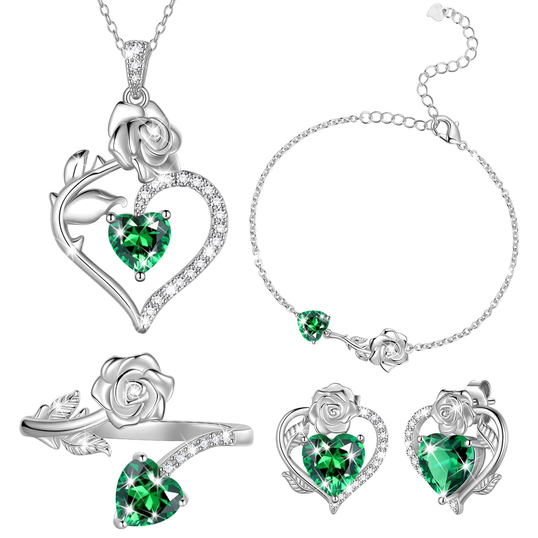 Rose Heart Jewelry Set – May Birthstone Rose Flower Necklace, Earrings, Ring &amp; Bracelet in 925 Sterling Silver | Gift for Women, Mom