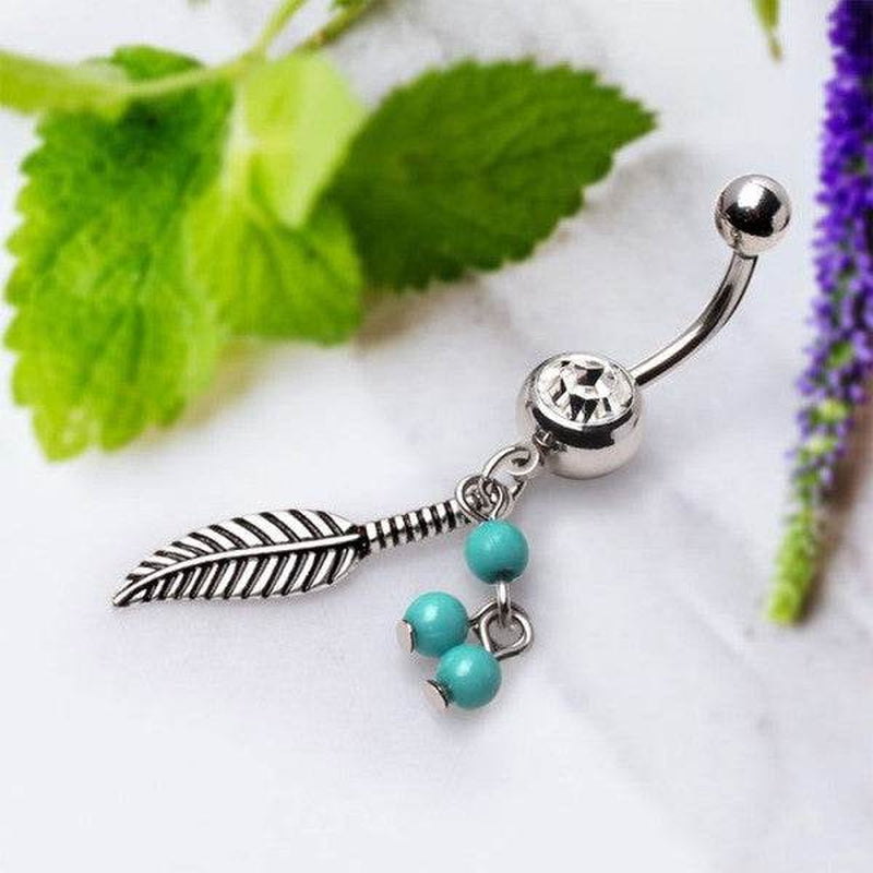 316L Surgical Steel Feather Navel Ring – Belly Button Jewelry with Turquoise Accent