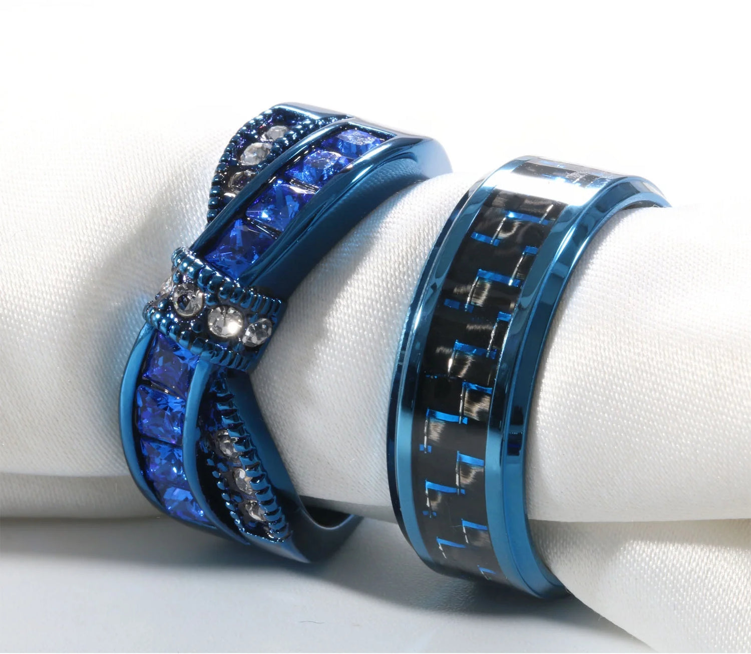2 Blue Matching Couple Rings – 1CT AAA Cubic Zirconia Women’s Wedding Rings Set