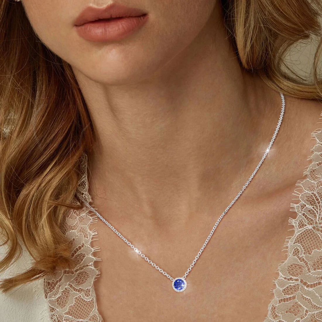 18K White Gold Plated September Birthstone Necklace – Women’s Round Blue Sapphire CZ Pendant in S925 Sterling Silver