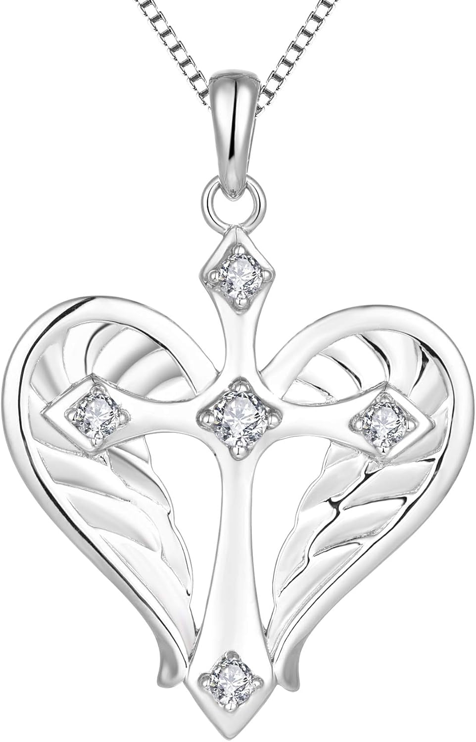 925 Sterling Silver Cross Necklace – Heart &amp; Angel Wings Pendant for Women
